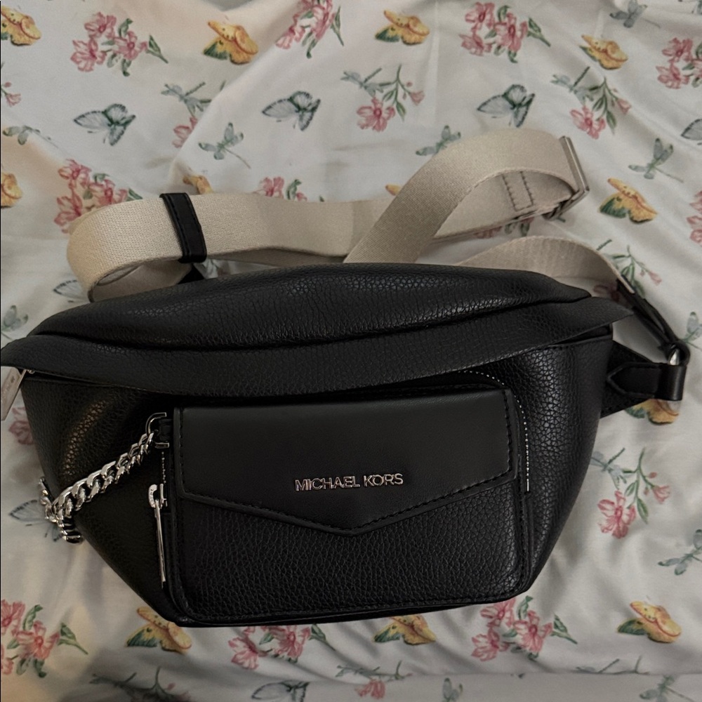 Michael Kors Black Leather Belt Bag with Cream Strap